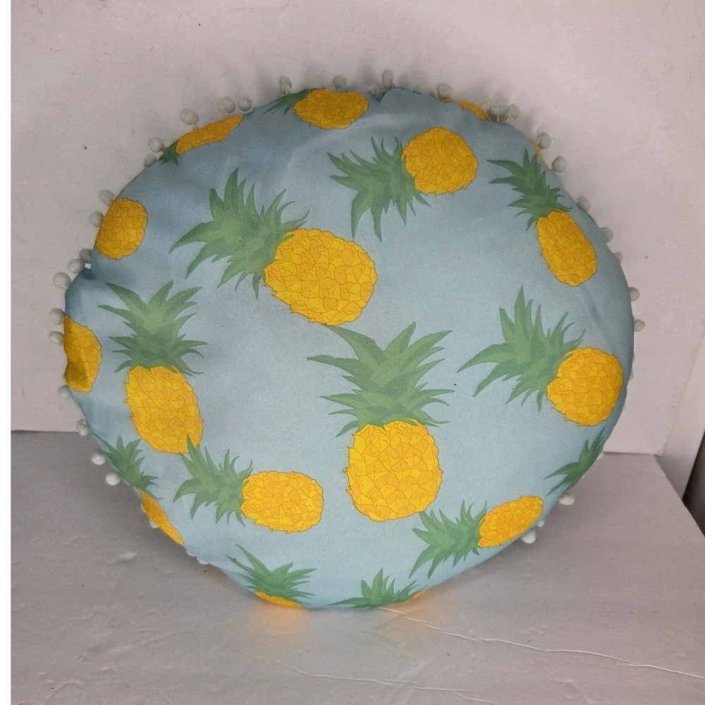 Round Pineapple Print Throw Pillow Light Blue Pom Pom Trim Tropical Decor 12in